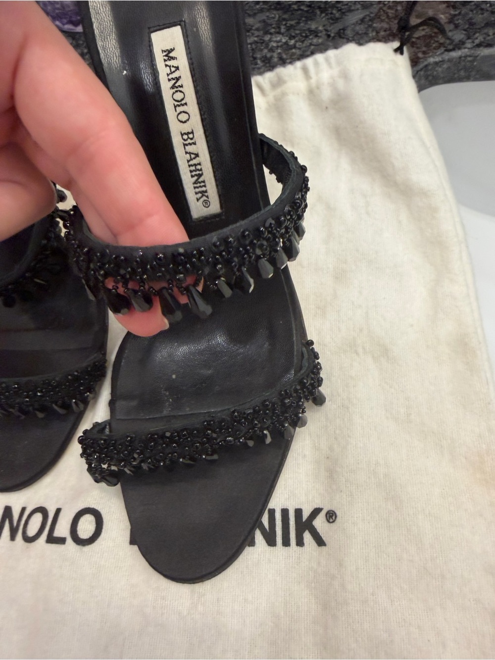 Manolo Blahnik Black Beaded Strappy Slide Heels - Picture 7 of 7